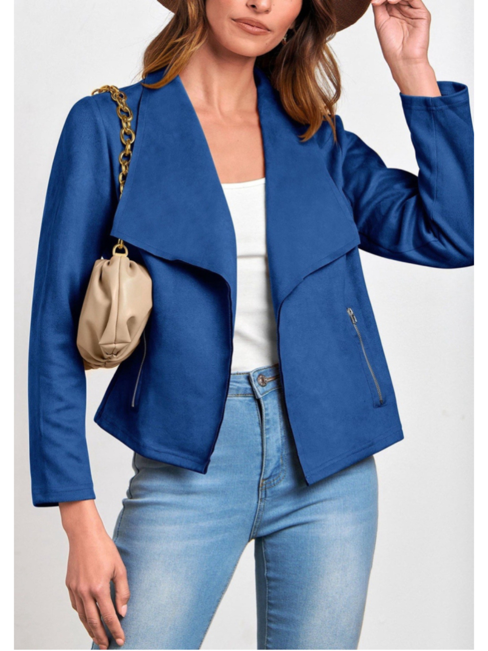 NWT PRETTY GARDEN Faux Suede Jacket Blouse Size:M Open Front Blue Women